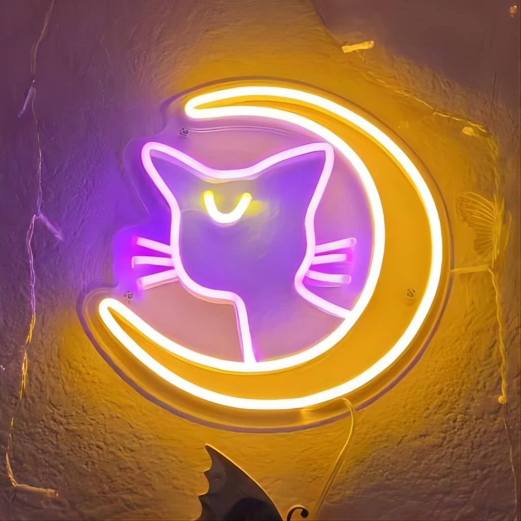 Anime Cat & Moon Neon Sign Personalized Neon Signs for Room Wall Decor LED Night Lights Home Decor Lights Gift for Girls Boys