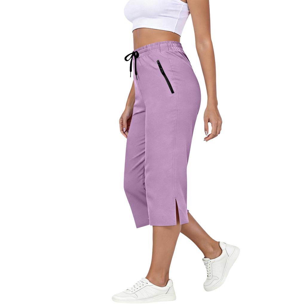 Women Drawstring Elastic Waist Capris Pants with Side Pockets Loose Fit Lightweight Cropped Trousers for Daily Wear