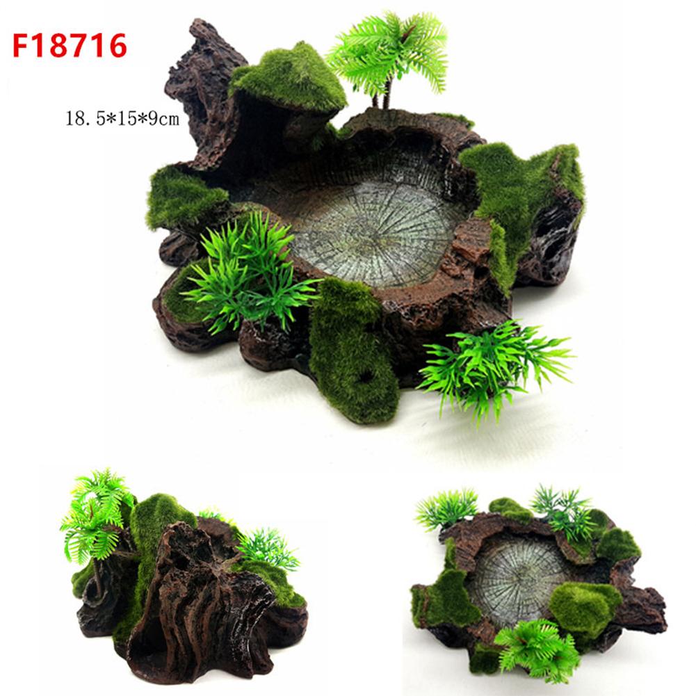 Reptile Food Feeding Bowl Water Dish Artificial Tree Trunk Moss Decor For Turtle Lizard Gecko Snake