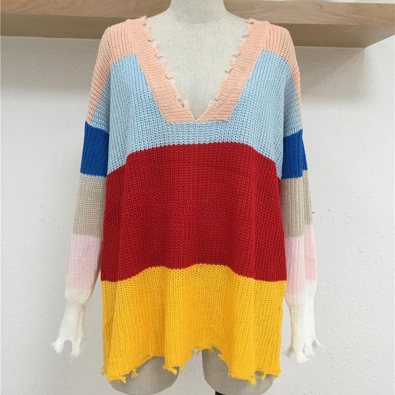 IHUASU Autumn and Winter Women's Knitwear V-neck Pullover Loose Rainbow Jumper
