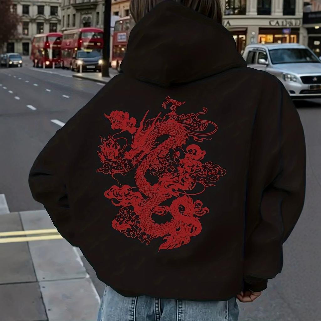 Red Dragon Xiangyun Cherry Blossom Back Printed Hooded Sweater Loose Casual Pullover Shoulder Top