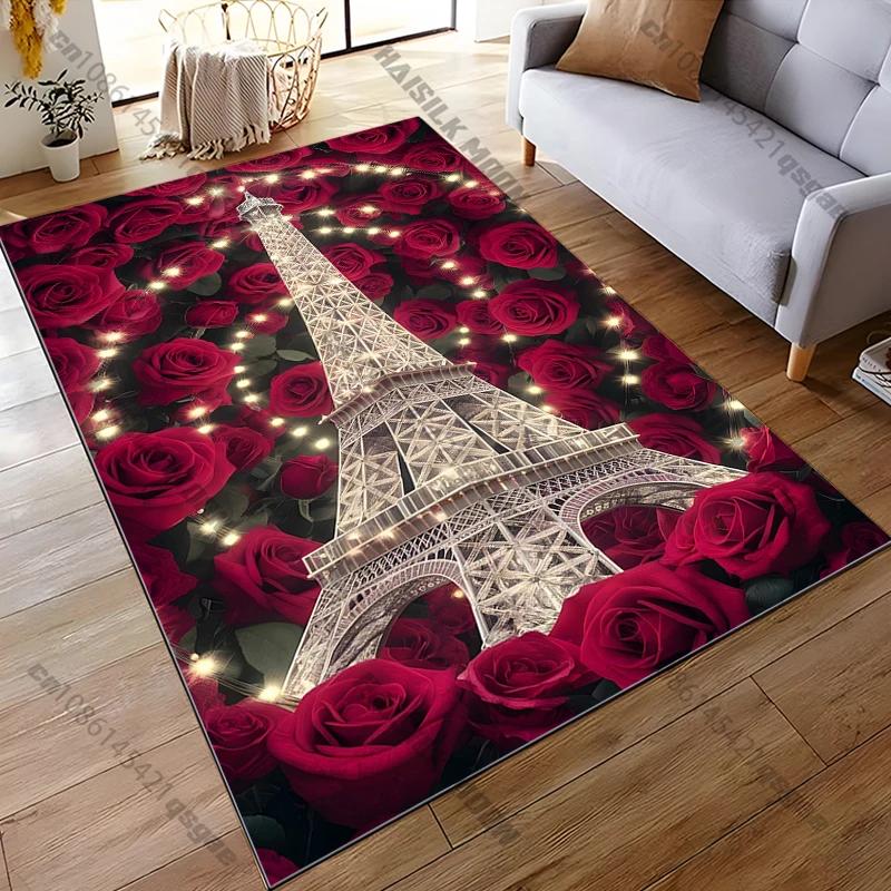 Roses and Eiffel Tower Pattern Rug for Bedroom Living Room Carpets for Girls Room Floor Mat Home Decor Non-Slip Rug Large Size