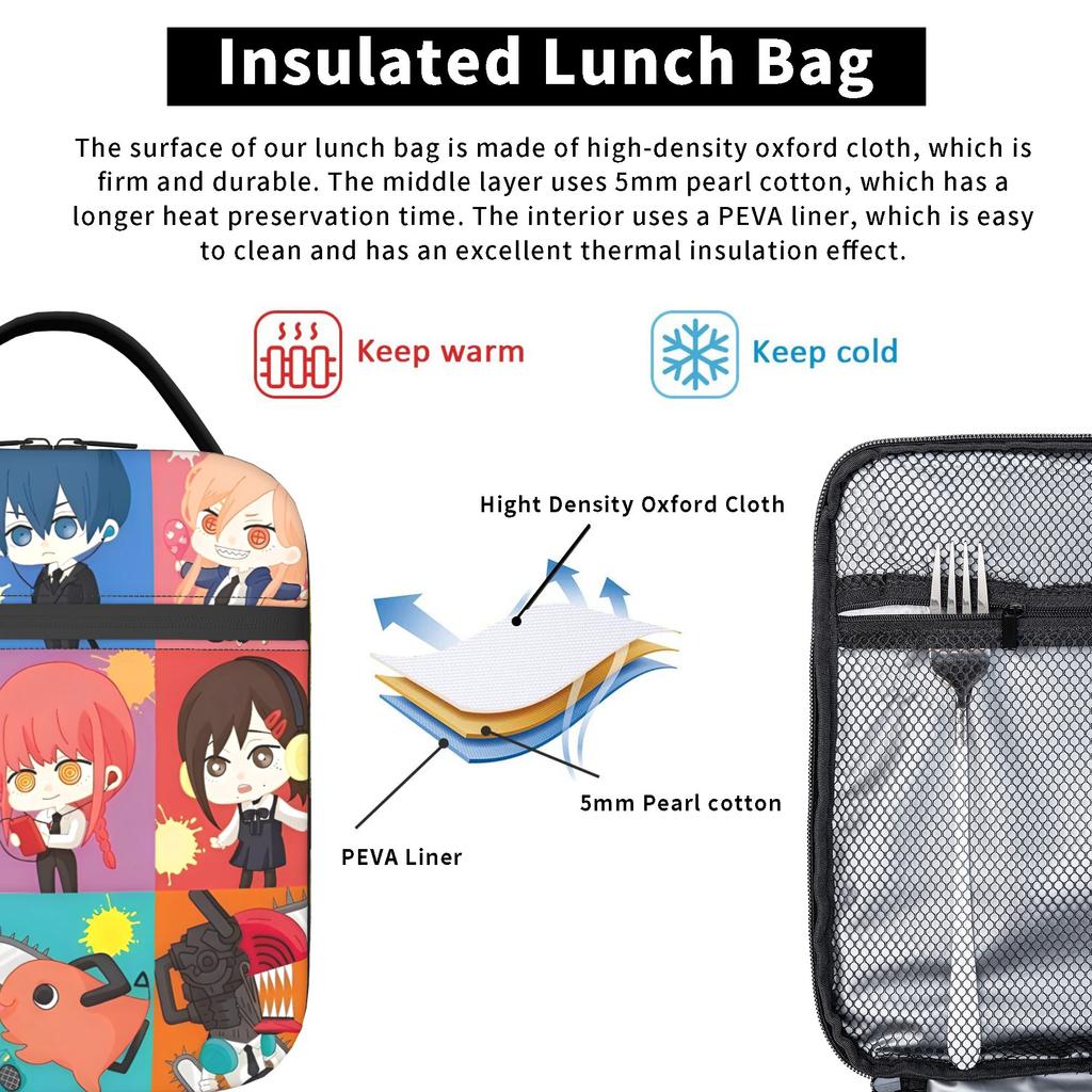 Chainsaws Man Lunch Bag Characters Kawaii Lunch Box Outdoor  Portable Zipper Thermal Lunch Bags For Unisex Oxford Cooler Bag