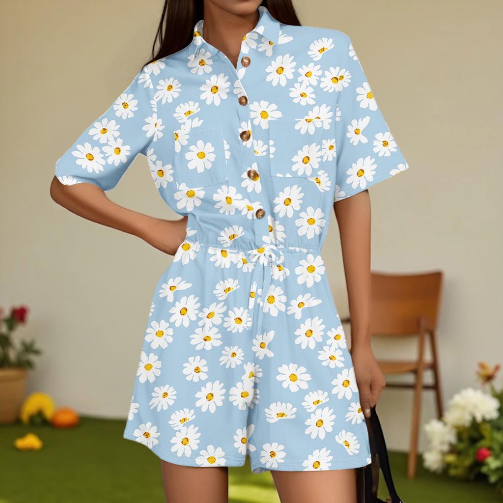 Damenmode V-Ausschnitt Jumpsuit Karomuster Lässig Kurzarm Top Jumpsuit