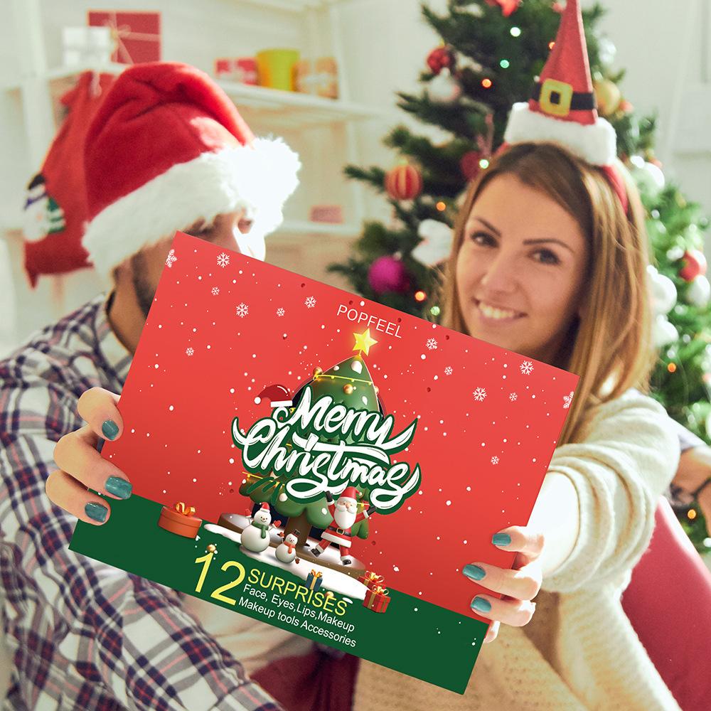 Popfeel Crăciun Fericit 12 Surprize Calendar de Advent Set Machiaj Kit Cosmetic Complet pentru Față Fard de Ochi Ruj Fond de Ten Cutie Cadou de Sărbători pentru Femei