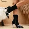 Fashion Fashion Rhinestones Stretch Flock Women Ankle Boots Elegant Pointed toe Thin High Heels Autumn Winter Sock Boots Shoes Booties