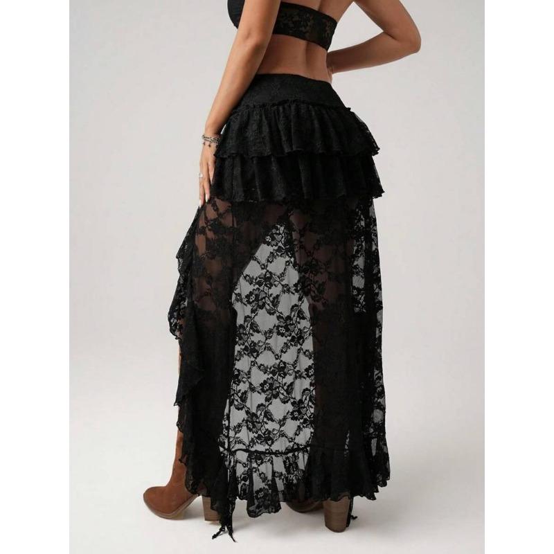 Gonna Corta Estiva da Donna Sexy Irregolare Stile Denim Patchwork di Pizzo Monocolore