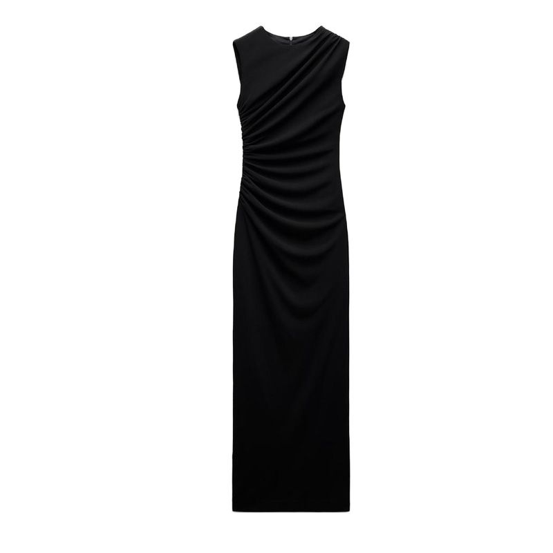 Spring New Arrival French Style Slim-Fit Evening Dress Round Neck Sleeveless Ruched Decoration Midi Skirt Dress 8312478