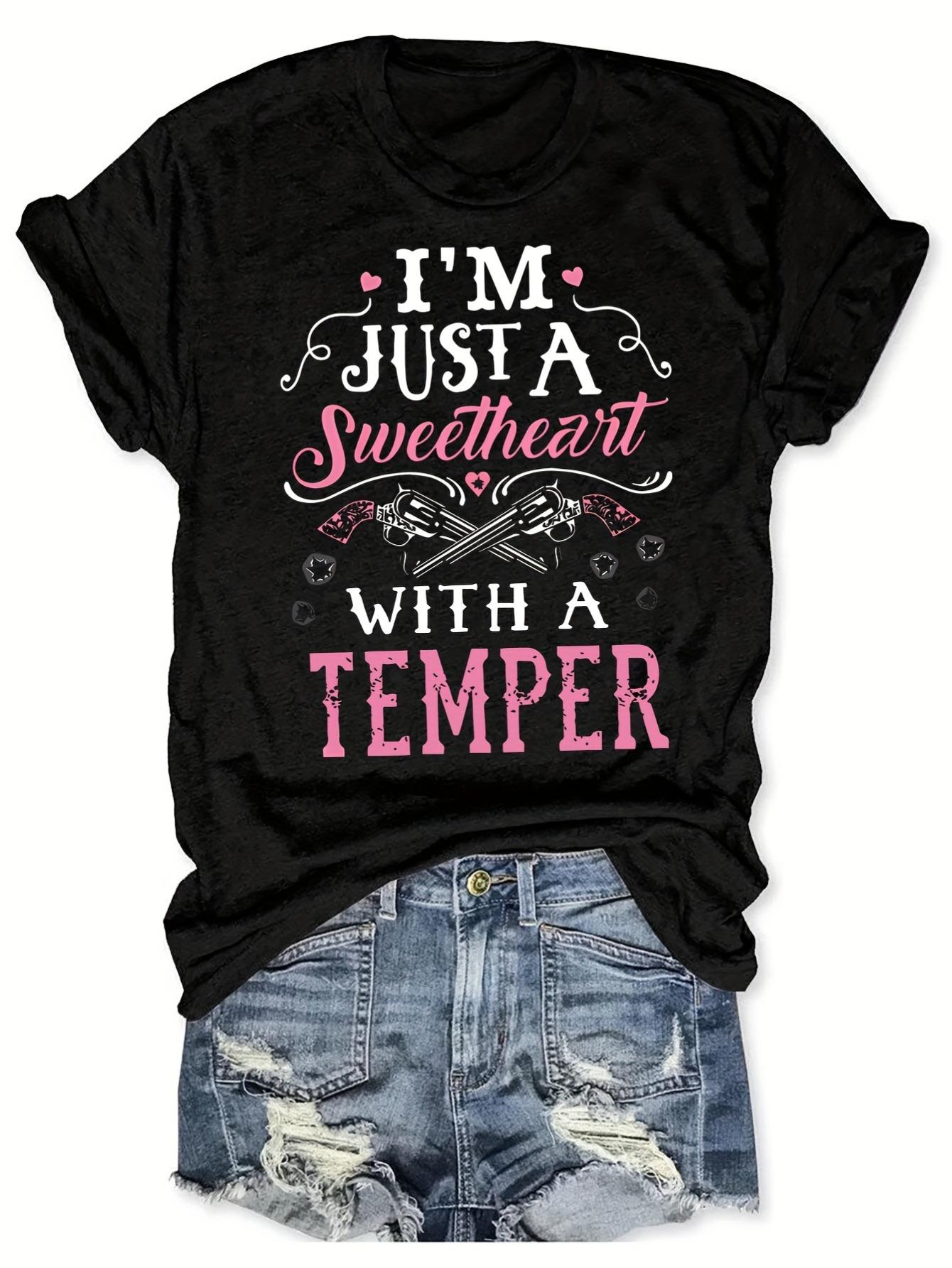 

2026 Summer Sweetheart with A Temper Womens Tee Pink Cowboy Gun Black Top S
