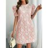 Women’s Fashion Short Sleeve Crew Neck Retro Casual Dress with Floral Embossed Pattern and Puff Shoulder Design for Daily Wear