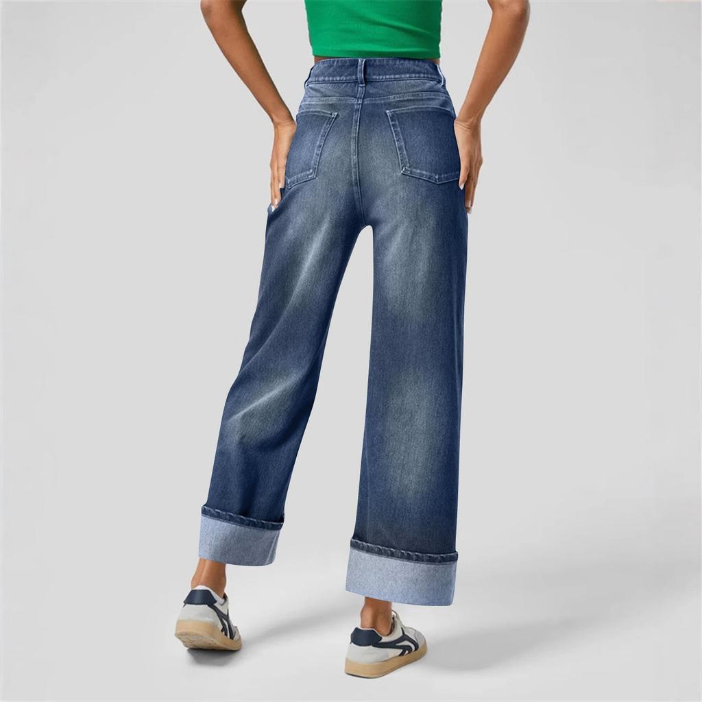 Jeans alla moda da donna a gamba dritta con tasche colorate e bordo arrotolato
