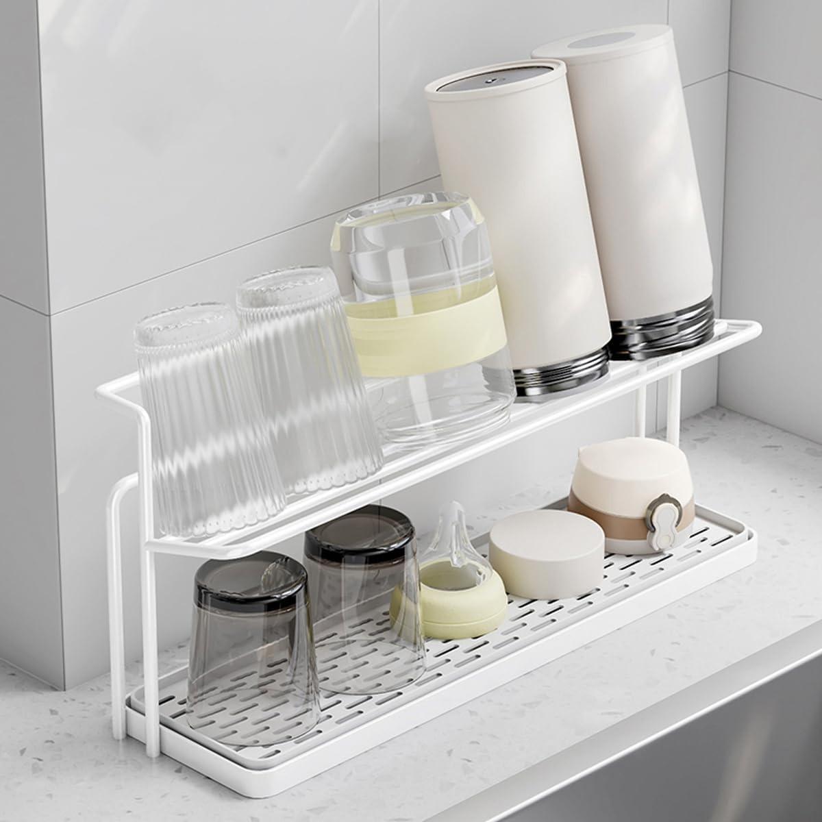 

2 layer Bottle Drying Rack Cups Storage Rack with Drain Tray, Mug Organizer for Kitchen, Coffee Mug Holder for Kitchen Counter L&2-tier