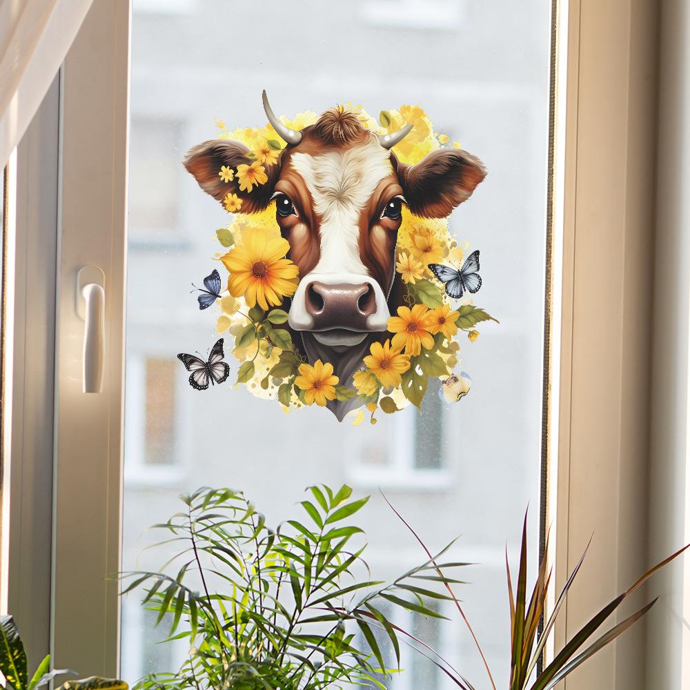 Kreskówkowa Żółta Krowa Kwiat Motyl Naklejka na Szklane Okno Upiększanie Domu Naklejka Ścienna Elektrostatyczna Uv