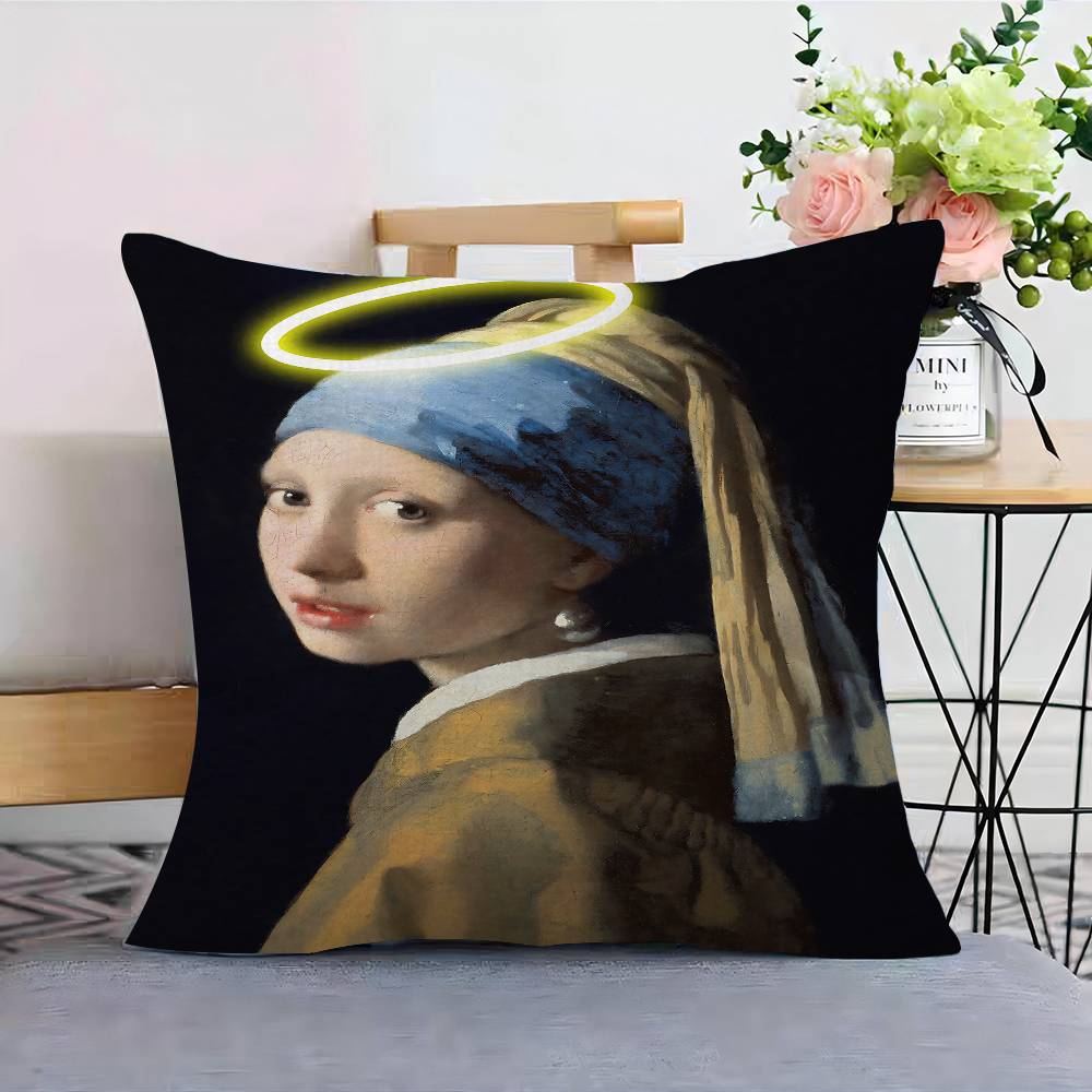 Funny Mona Lisa Wearing Pearls Girl Cushion Cover Pillowcase Upholstery Sofa Throw Pillow Home Decor Pillowcas