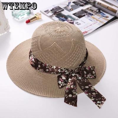 Women's Solid Color Floral Printed Bow Foldable Summer Knitted Bucket Hats Hollow-out Wide Brim Outdoor Travel Beach Hats