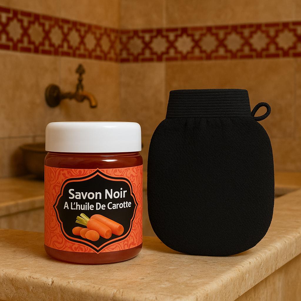 Moroccan Black Soap with Carrot Extract 200g + Kessa Glove – Glow & Radiance Skincare Set