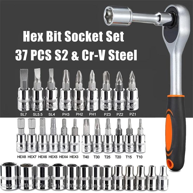 46pcs Drive Socket Set 1/4 Inch Ratchet Wrench Set with Sockets Metric Hex Bit Socket Set Mechanic Tool Kits for Auto Repair House