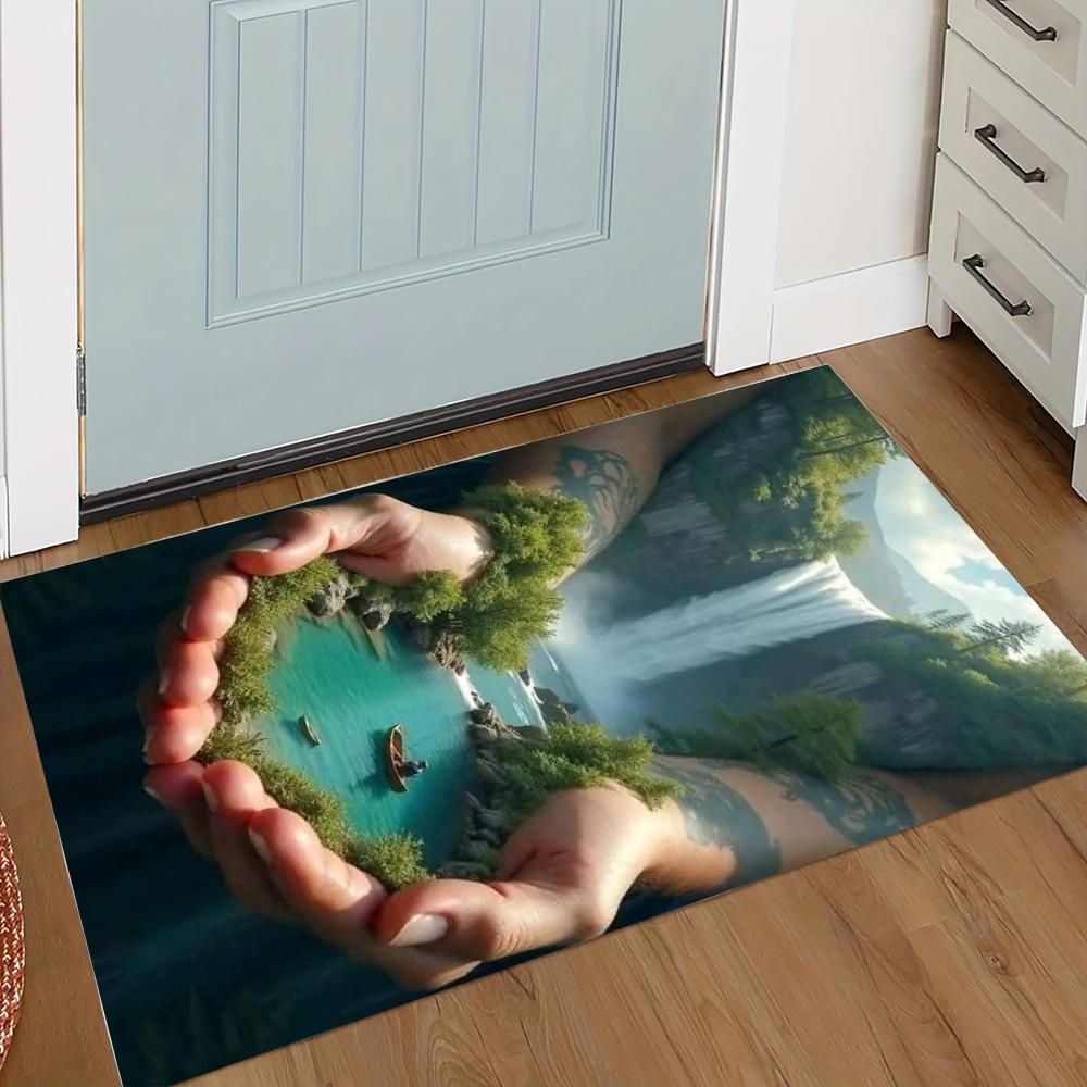 

Vintage Wrecked Vehicle and Magical Landscape Pattern Door Mat 3D Visual Effect with Airplane Bus and Giant Hand Designs 40x60cm