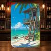 2D Flat, [2D Flat Printing] 1pc Aluminum Sign with Beach Hut, Coconut Tree, and Sailboat Pattern, Experience the Summer Seaside Vibe, High-Quality Alu