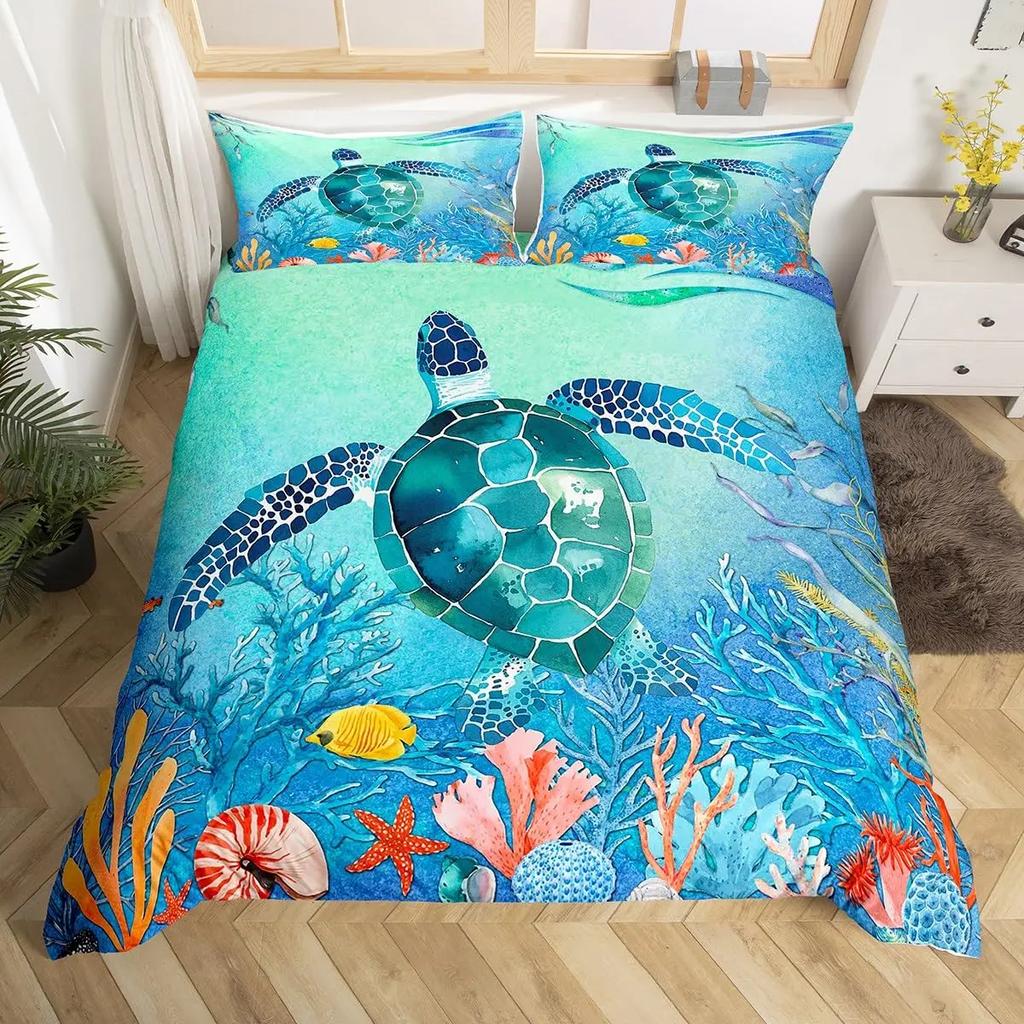 Turtle Bedding Set Nautical Coastal Duvet Cover White Blue Sea Comforter Cover Reptile Tortoise Animal Polyester Quilt Cover