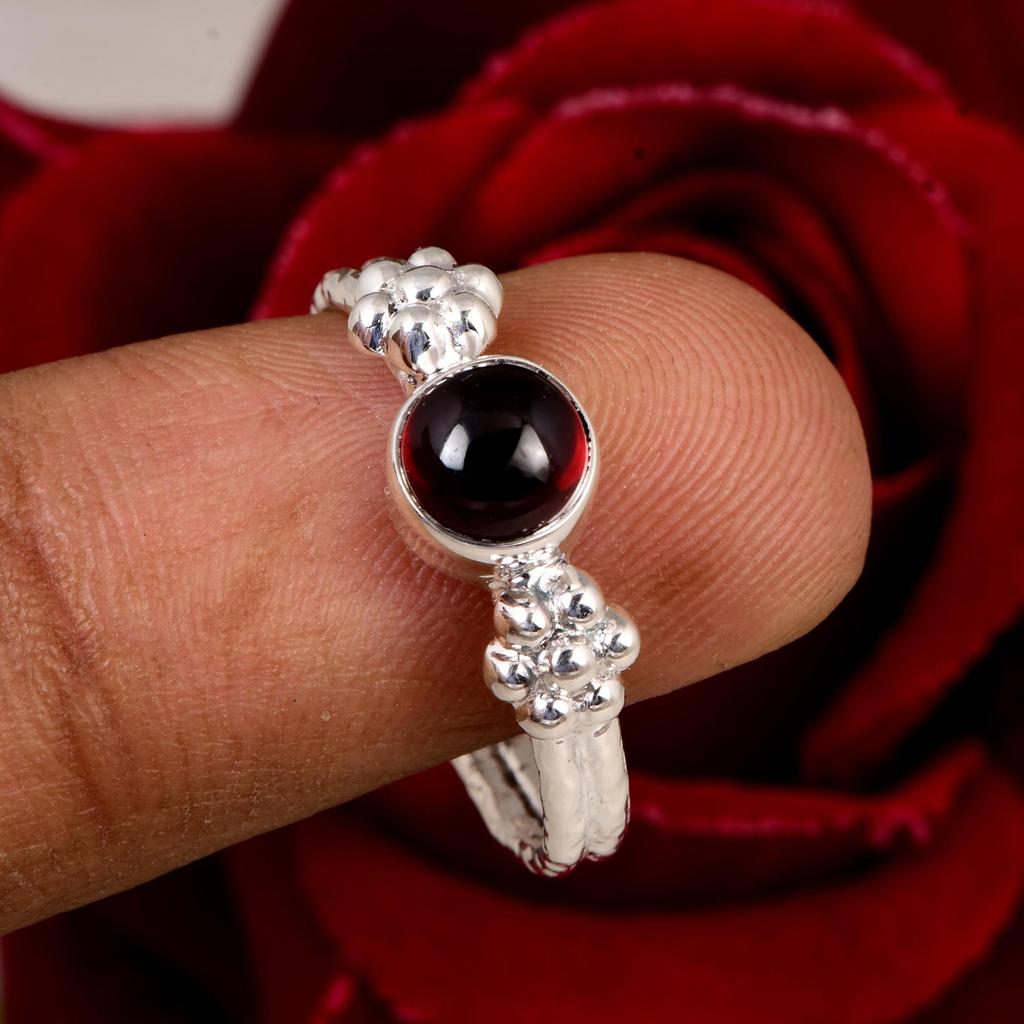 Natural Garnet 925 Sterling Silver Ring, Minimalist Garnet Stacking Ring, Handmade Silver Gemstone Ring for Women.