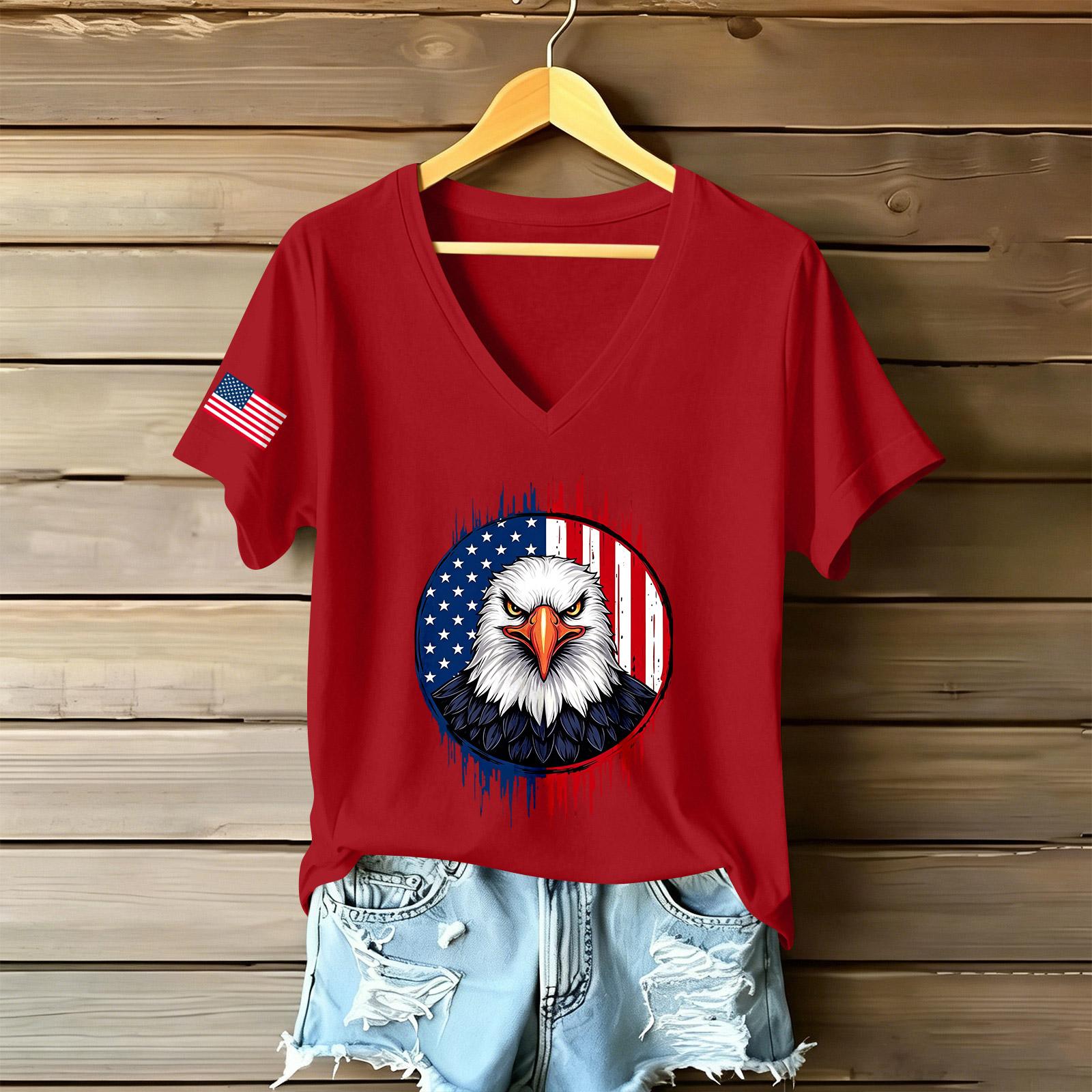 Womens Casual V Neck Short Sleeve T Shirt Top Lightweight Soft Fabric Relaxed Fit Letter Print Tee M красный