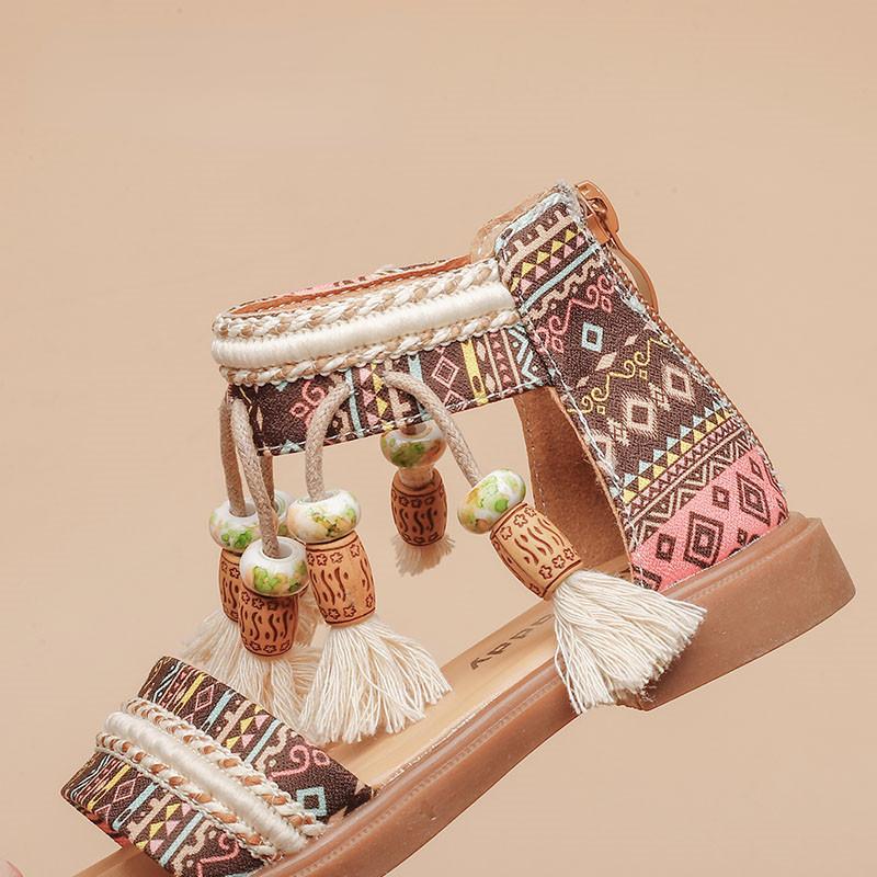 Mädchen-Sandalen im ethnischen Stil, Sommer-Prinzessin-Schuhe, Quaste, weicher Boden, Strandschuhe