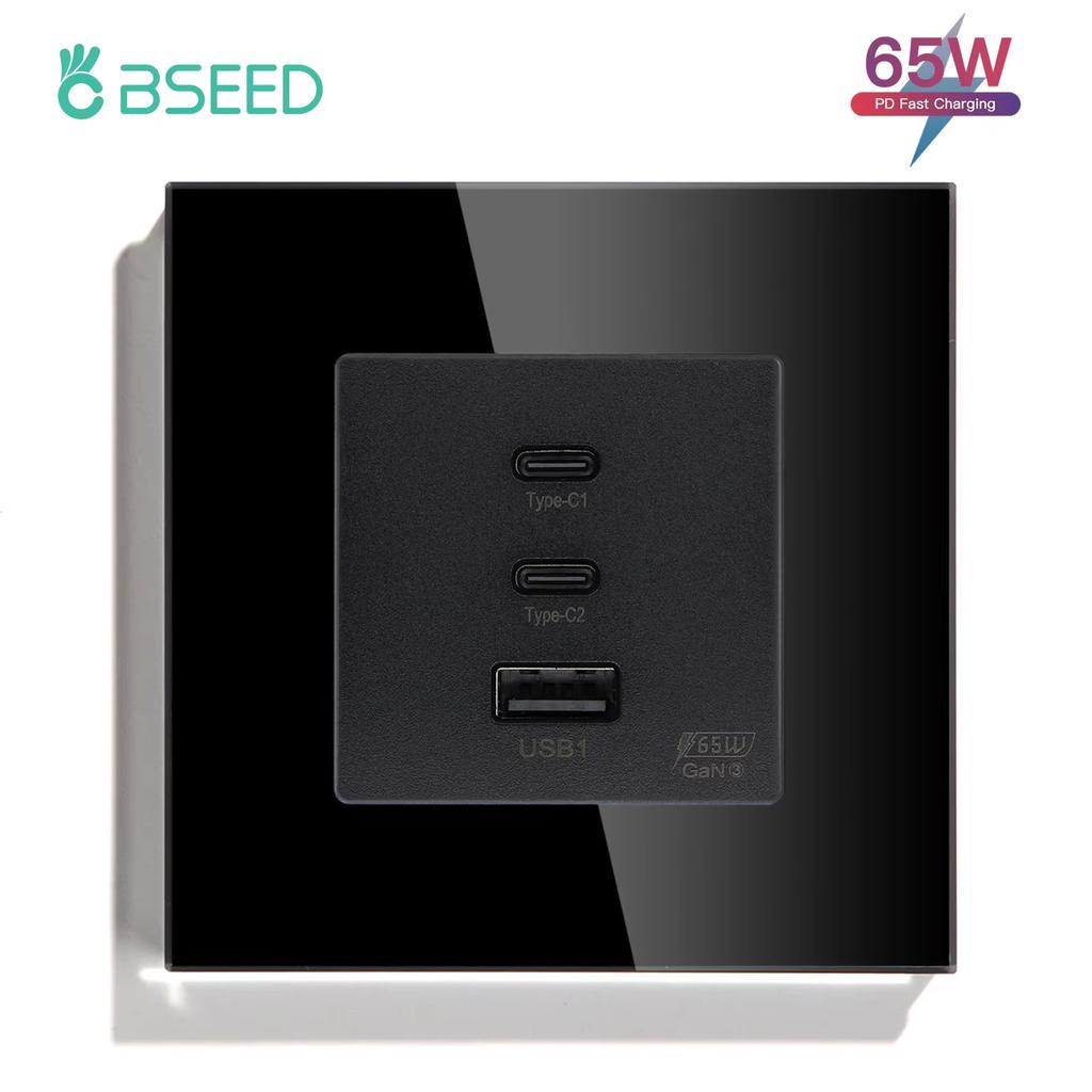 BSEED French Wall Socket 65W Double Type-c USB Sockets Super Fast Charging Ports Electric Power Outlets Crystal Glass Frames