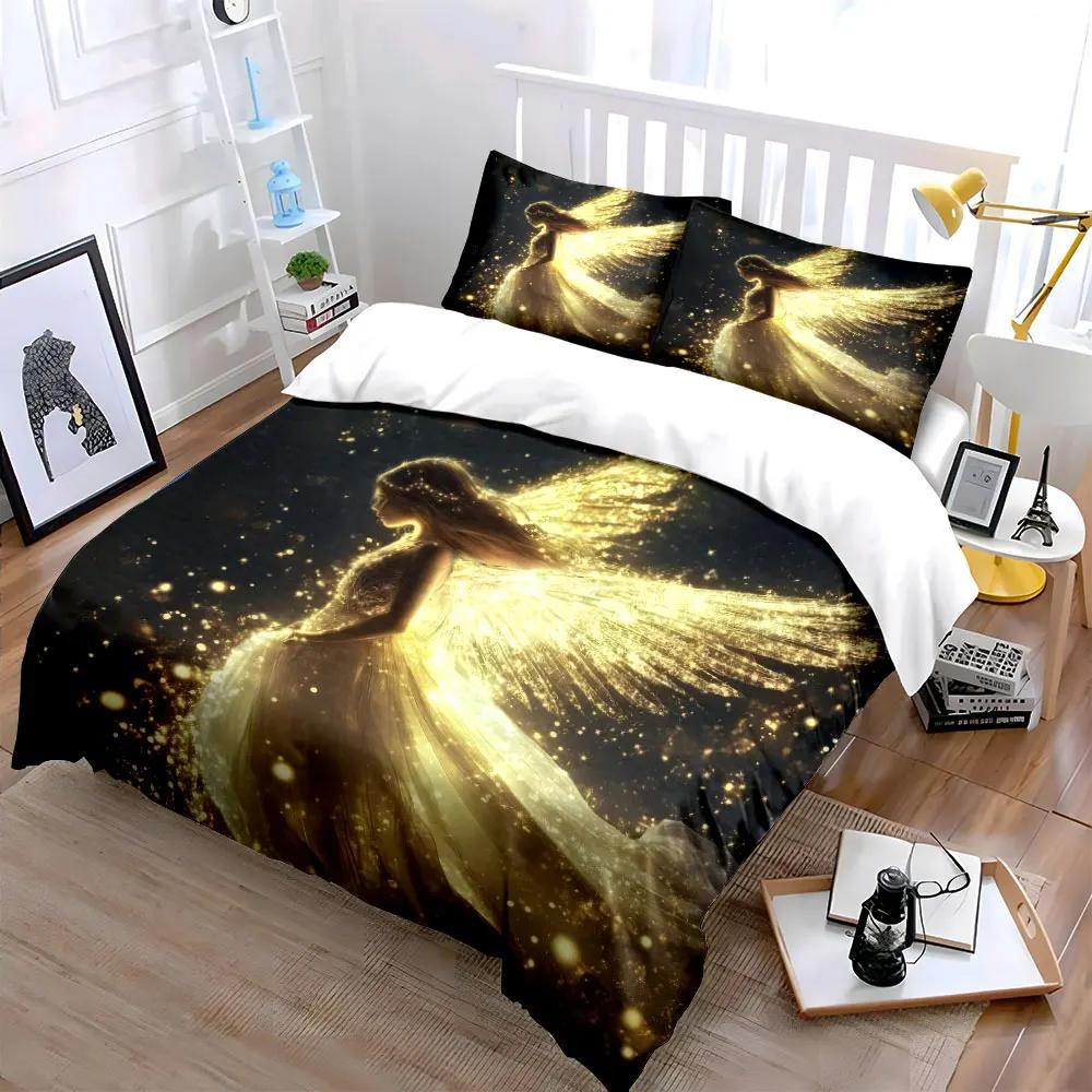 Golden Fairy Theme Decor Set Bedding Set with 1 Duvet Cover 2 Pillowcases Single Double King Queen Gift