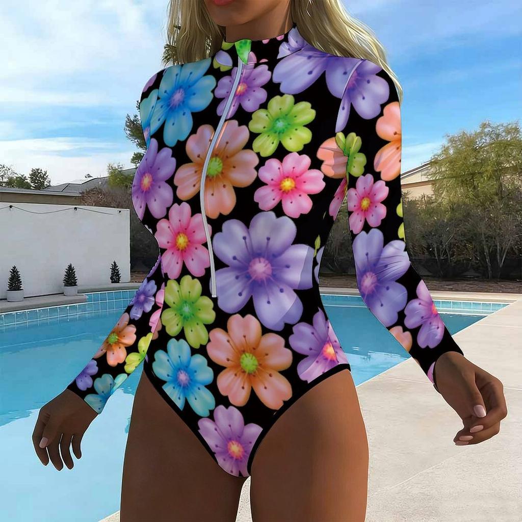 Women Long Sleeve One Piece Swimsuit Zip Front Texture Floral Fragments Print Rash Guard Surfing Bathing Suit