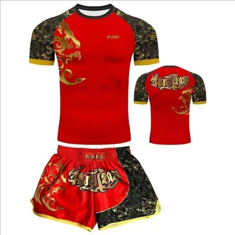 Herren Kompressions MMA Boxen Trainingsset Kurzarm Rash Guard Shorts Kampfsport Fitness