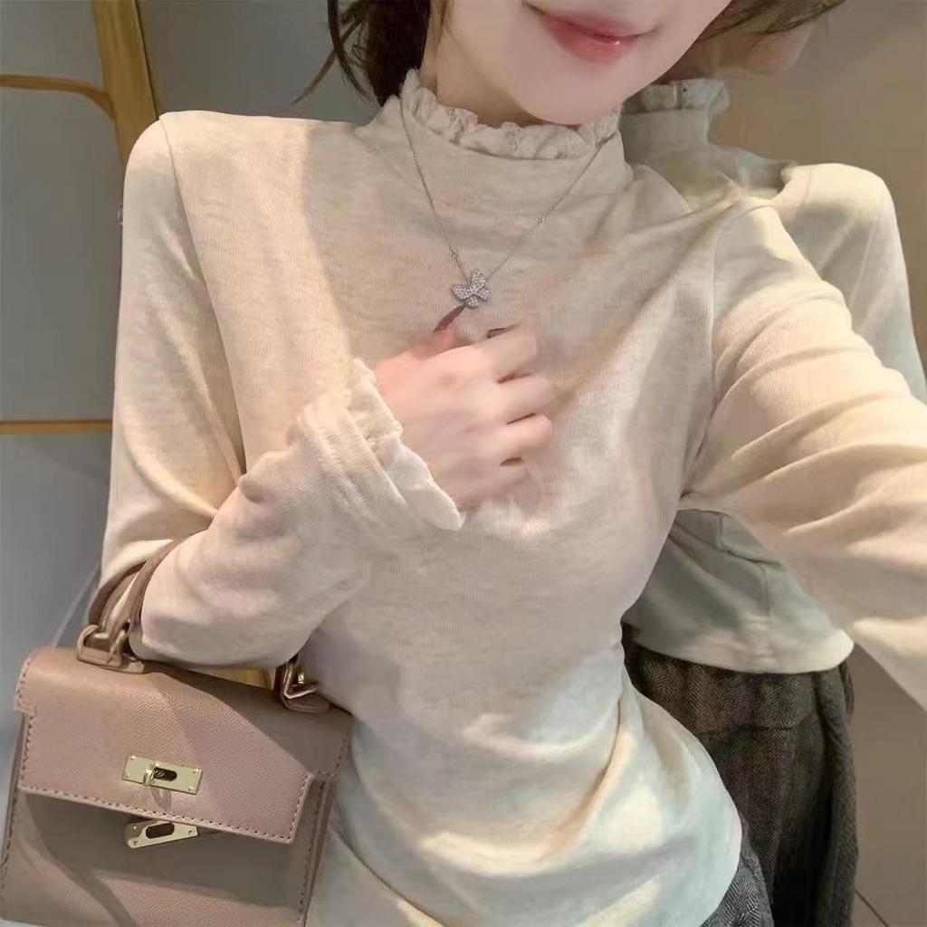 Women's Lace Trim High Neck Long Sleeve T-shirt - 2025 Autumn/Winter Collection Trendy Base Top