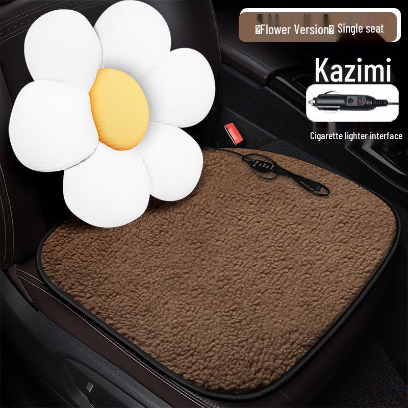 Solid Color Lamb Wool Cartoon Panda Car Seat Cushion - Winter Heating Pad with Sunflower Design