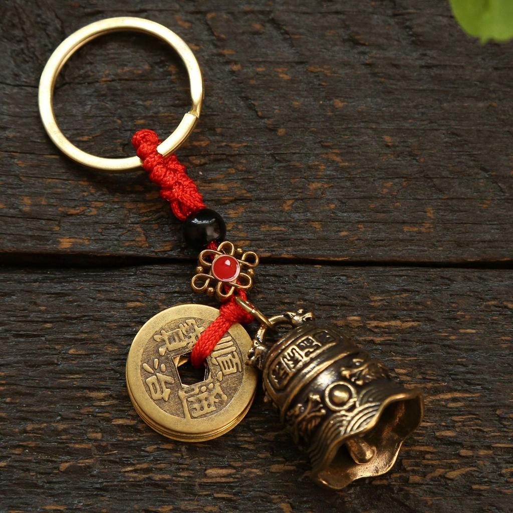 Brass Double Dragon Bell, Retro, Vintage, Car Key Bag Pendant, Handmade Rope, Craftsmanship, Five Emperor Money Accessory