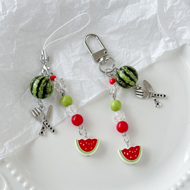Cute Fruit Keychain Creative Summer Watermelon Pendant Key Chain Beaded Mobile Phone Anti-Lost Lanyard Bag Decorative Keyring