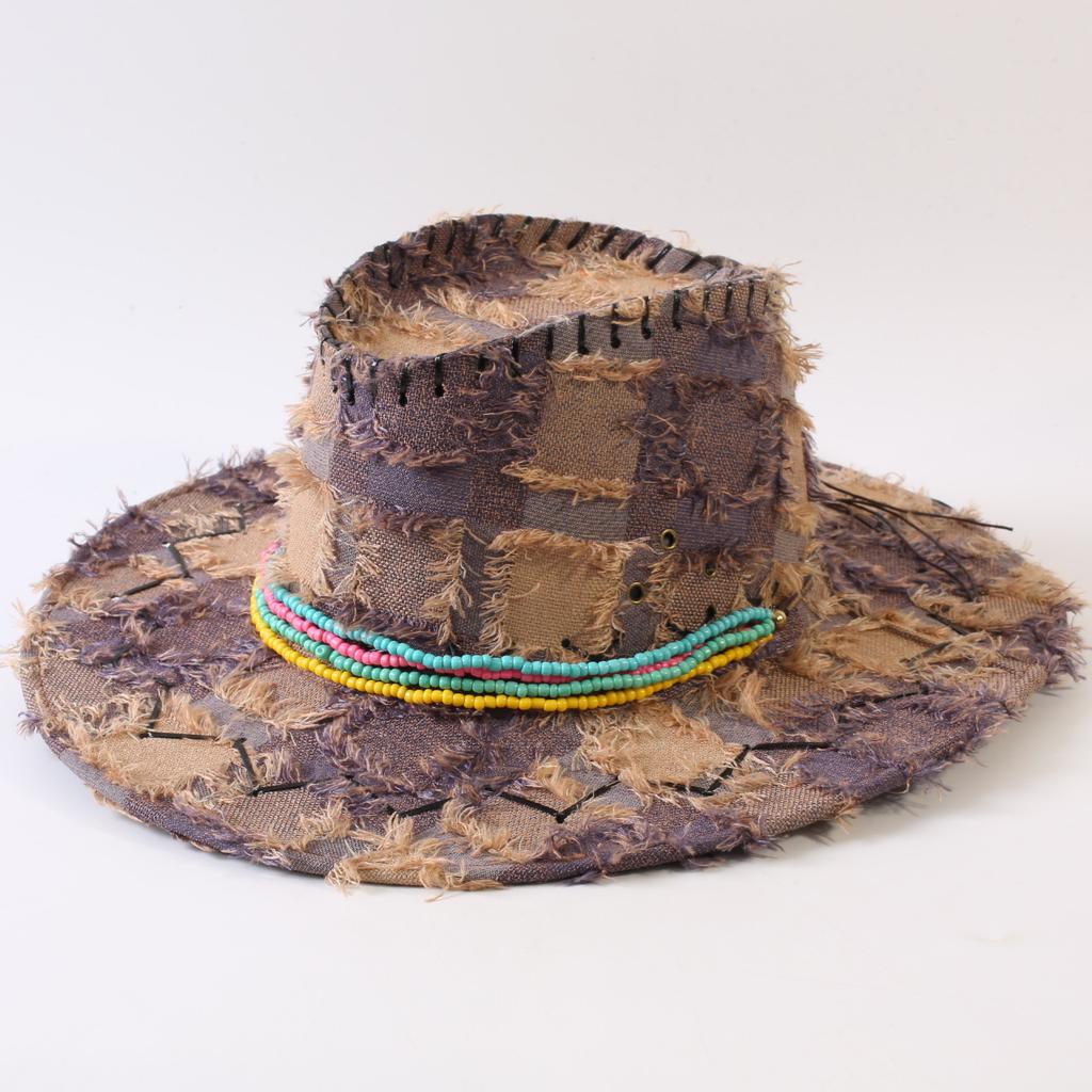European and American Classic Retro Old Plaid Burr Jazz Hat Men's and Women's Outdoor Sunscreen Sunshade Big Eaves Western Cowboy Hat