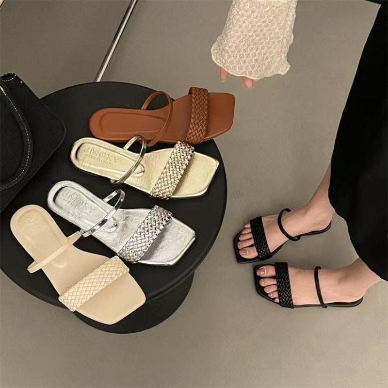 New Glitter Slides Flat Shoes Female Woman's Slippers Low Square Toe Big Size Jelly Summer Fabric Rome Rubber Crystal Sequined