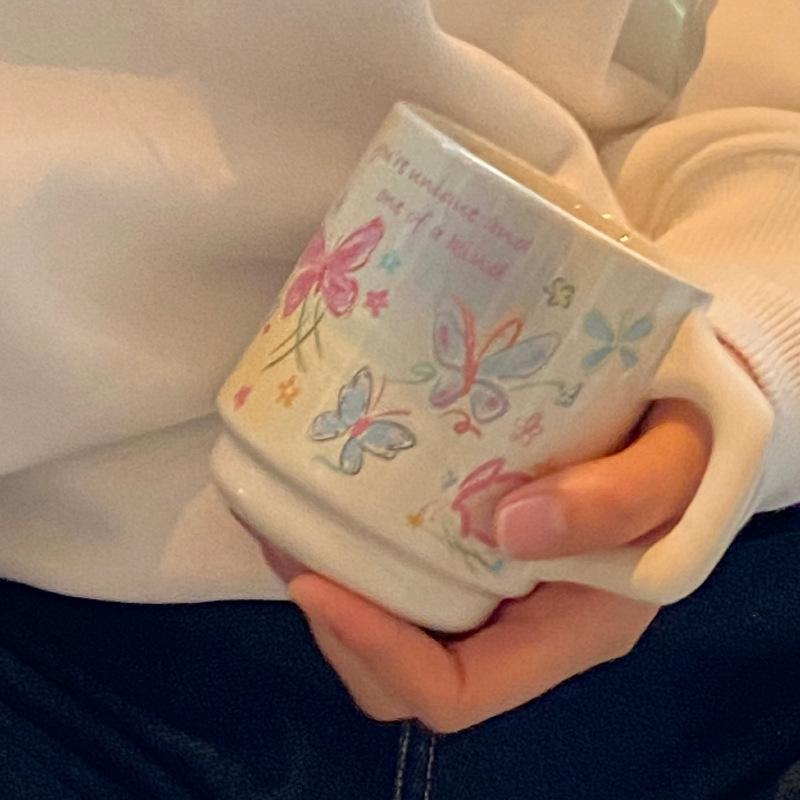 Homemade Atmosphere, Niche Childlike Fun, Spring And Summer Painted Lines, Butterfly Ceramic Cup, Coffee Cup, Water Cup 340M