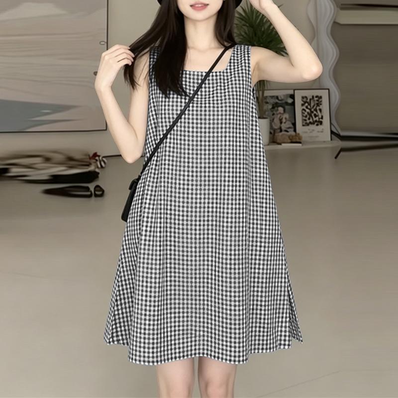ZANZEA Women Casual Square Collar Summer Loose Grid Print Sleeveless Dress S чёрный