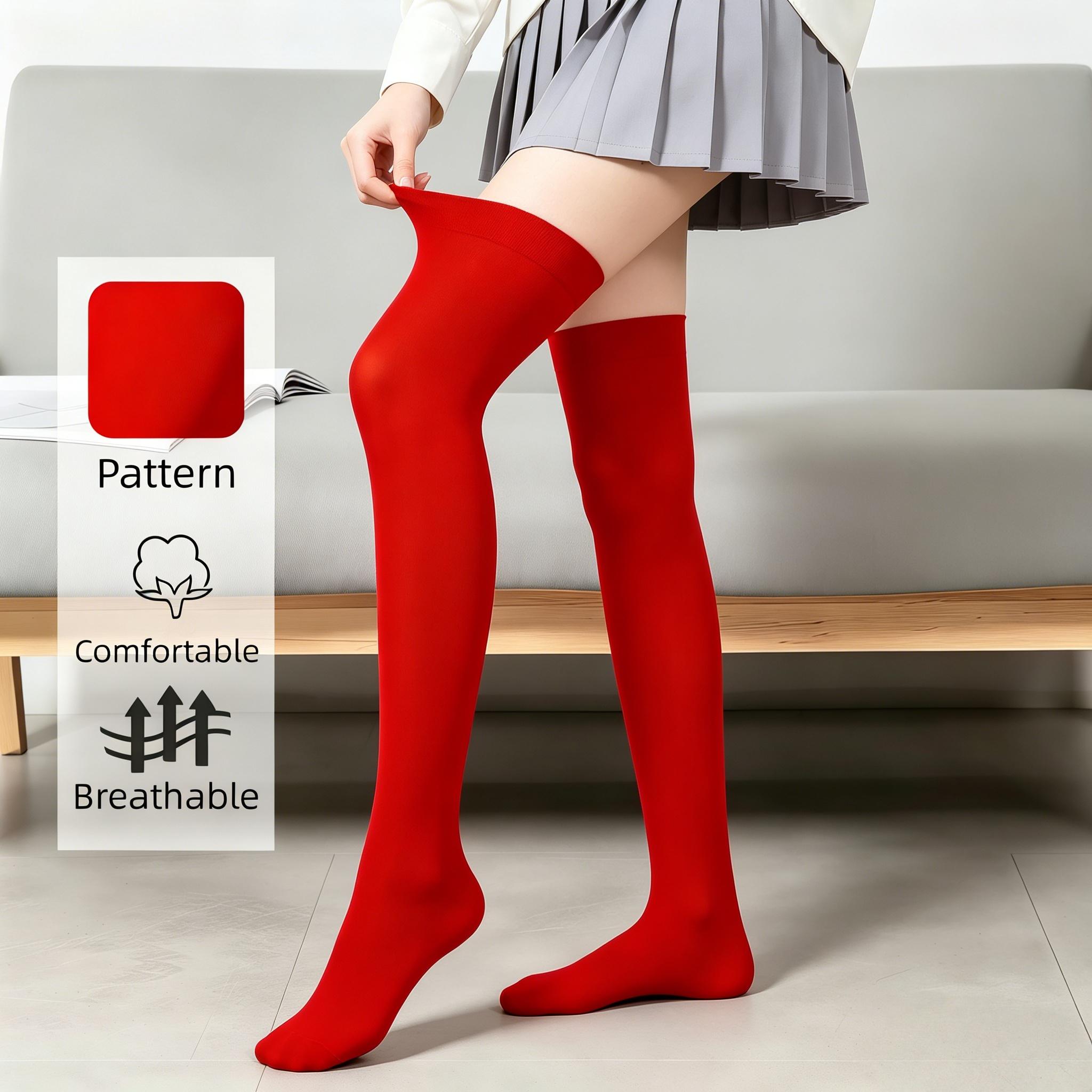 Damen-Unifarbene Leuchtrote Oberschenkelhohe Strümpfe Weiche Dehnbare Freizeit-Kniestrümpfe Für Den Täglichen Gebrauch Outdoor-Aktivitäten One Size red