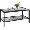 Rattan Garden Side Table, Shelf, Tempered Glass Top, Steel Frame, 92 X 50 X 45 Cm, Black