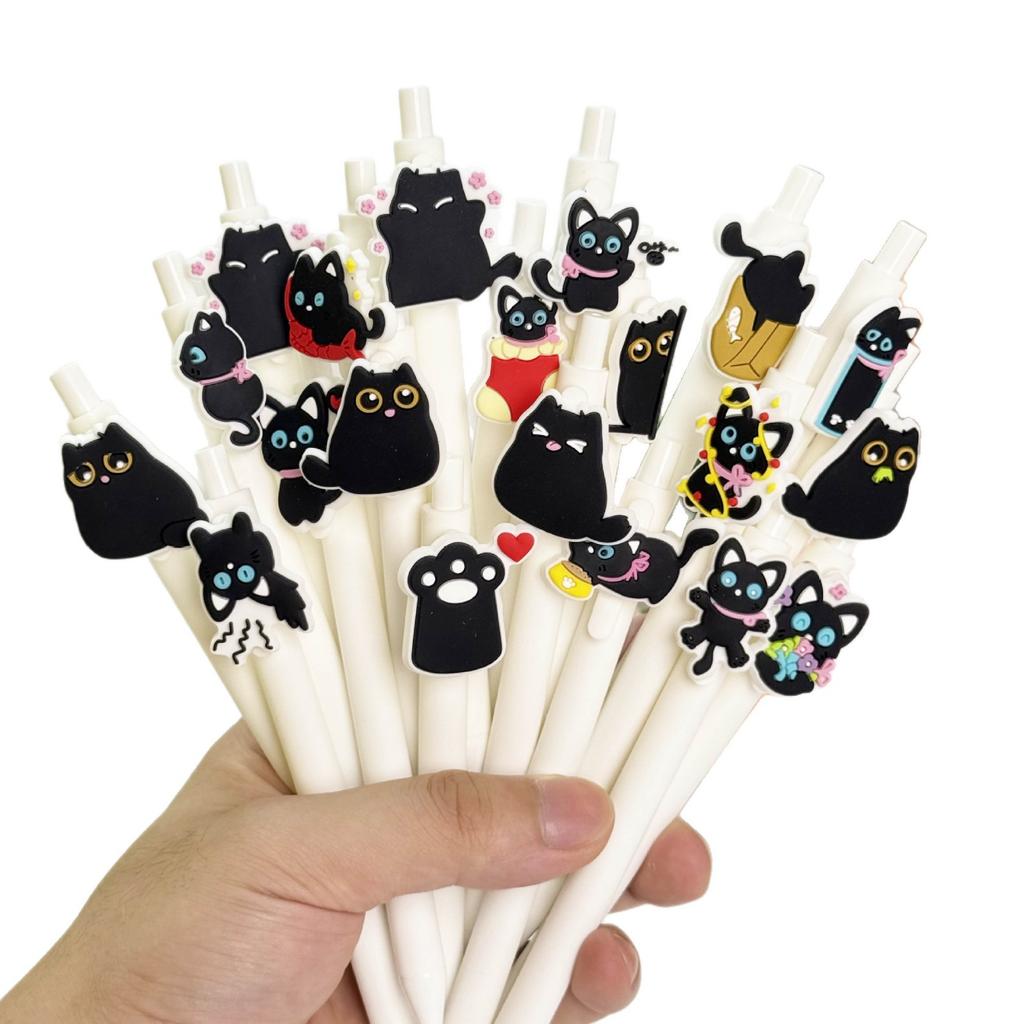 00Pcs Cute Black Little Cat Patch Retractable Gel Pens, 0.5mm Black Large Capacity Pen Cores Fine Writing Tools Office Stationery Study Essentials Sup
