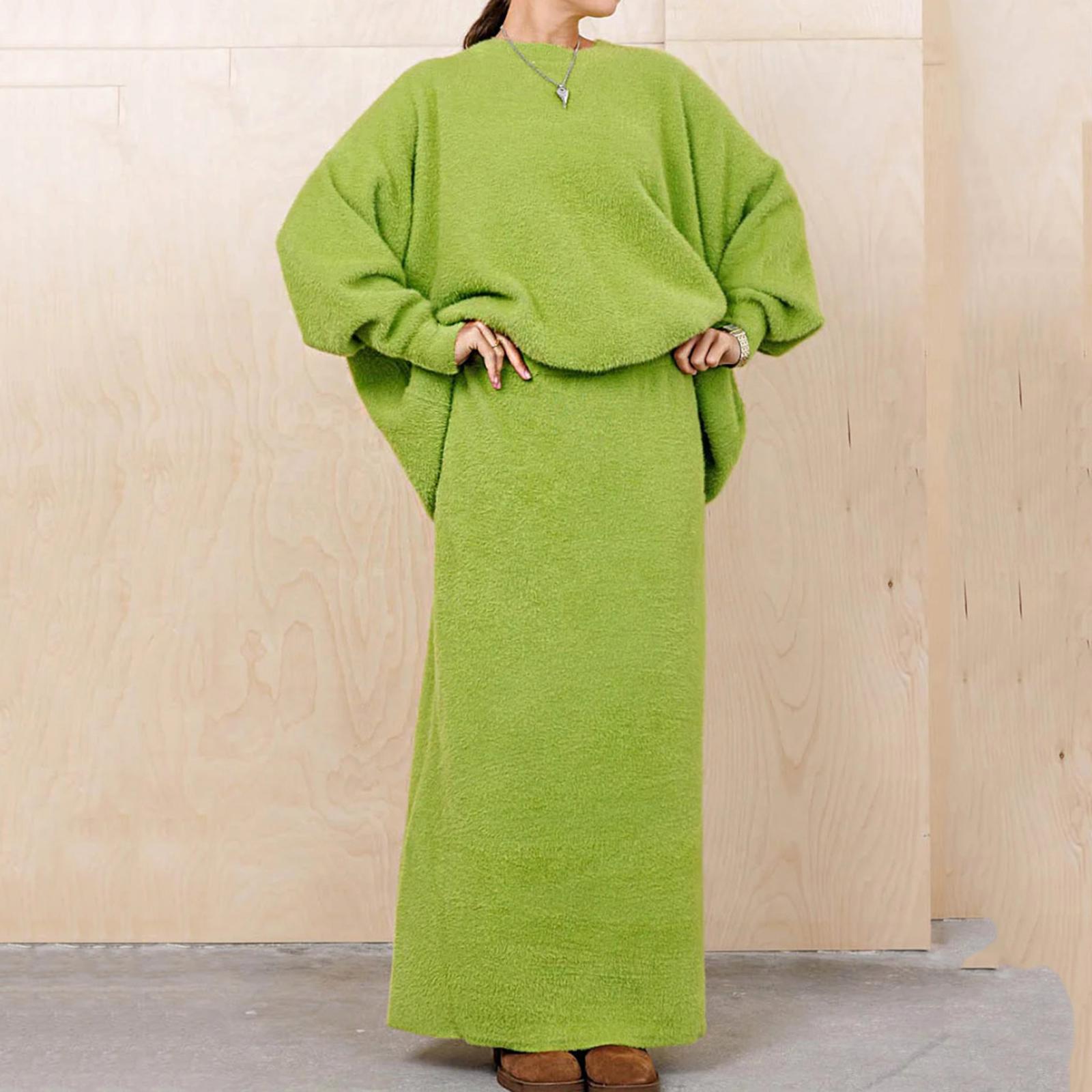 

Женский модный повседневный комплект однотонный топ с длинным рукавом и юбка, комплект из двух предметов XL зелёный