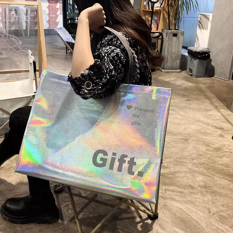 High-End Waterproof Laser Clothing Non-Woven Tote Bag: Colorful, Thickened, and Custom Shoulder Carry for Gift Shopping