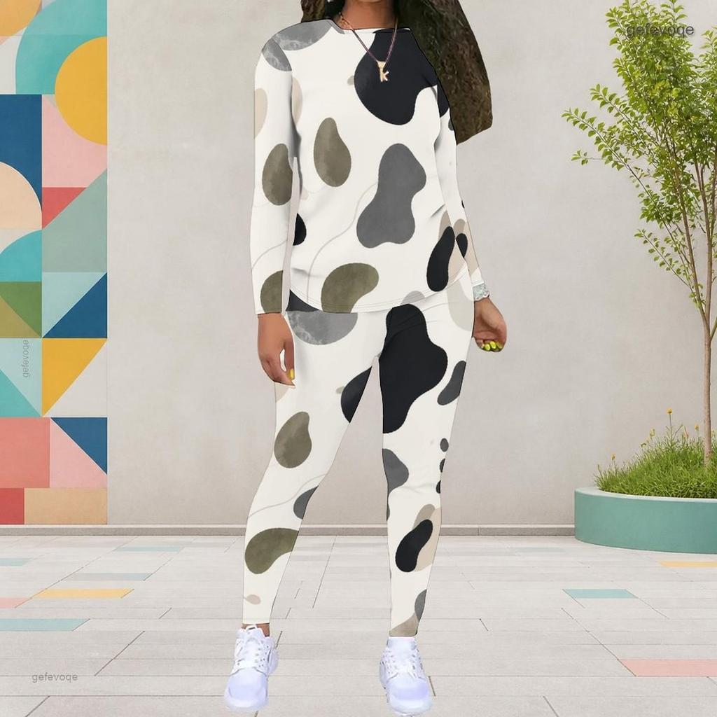 Women Plus Size Round Neck Long Sleeve Printed Top Fitted Pants Two Piece Set