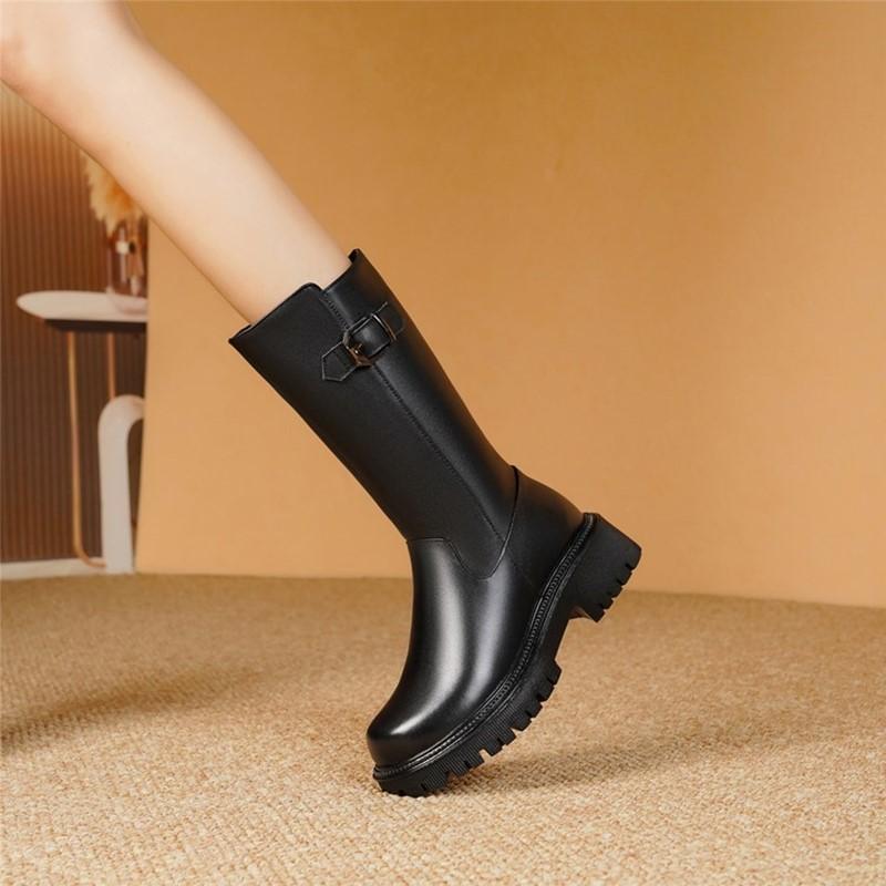 Winterstiefel Damen Echtleder Naturwolle Plateau Damen Mittelstiefel Anti Slip Große Damen Schneestiefel