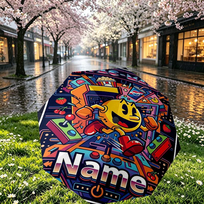 Custom Name Personalized PAC MAN Print Umbrella, Auto Open Close, 8‑Rib Sturdy Frame, Commute Camping Hiking Use, Birthday Gift