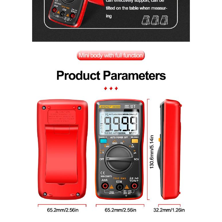 Mini Digital Multimeter ANENG AN8009 True RMS Transistor Tester Auto-Range Automotive Capacitor Tester Temp Diode Tool