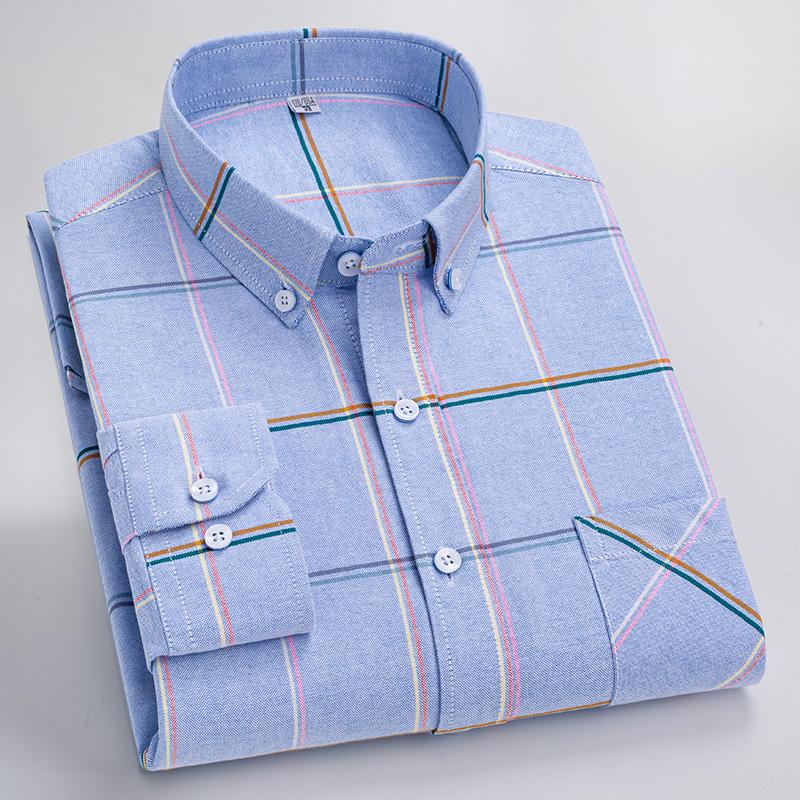 New Men's Plaid Shirts Long Sleeve Casual Office Pure Cotton Oxford Easy Care Fashion Youngster
