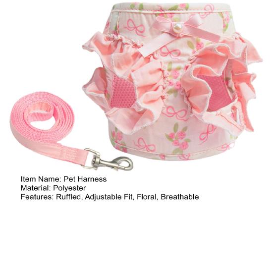 Floral Dog Harness for Small Dogs Cute Ruffled Harness with Leash Adjustable Dog Harness for Puppies Bichon Frise Teddy Pomeranian
